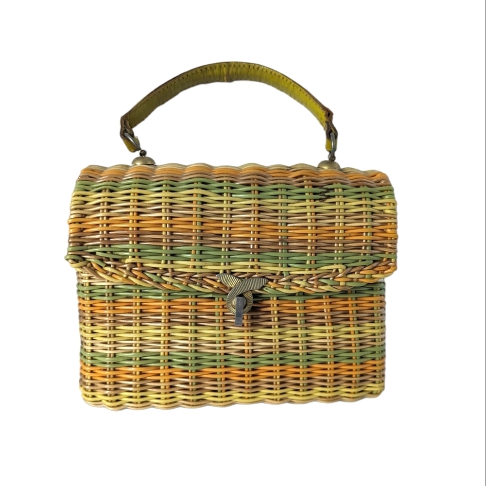 Vintage Lewis British Hong Kong Striped Woven Faux Wicker Straw Handbag Purse